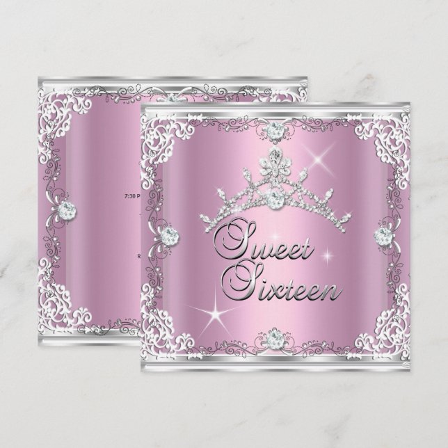 Invitación Dulces Dieciséis Tiara de Diamantes de Plata Rosa (Anverso / Reverso)