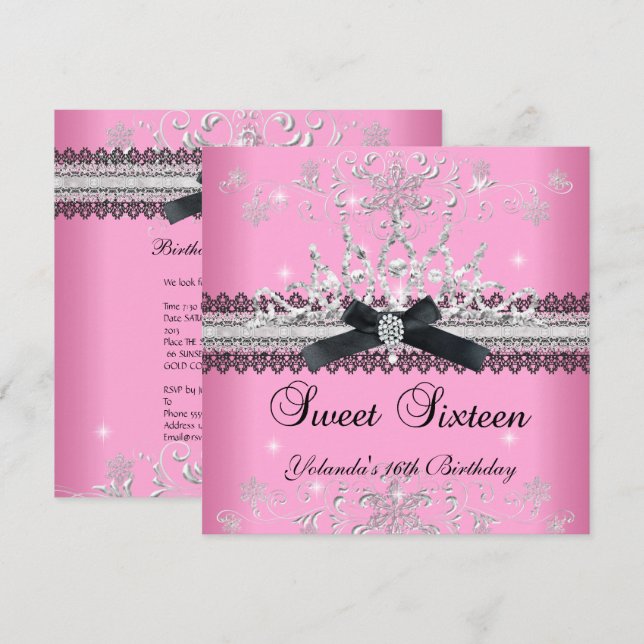 Invitación Dulces Dieciséis Tiara de Purpurina Rosa con Lazo  (Anverso / Reverso)