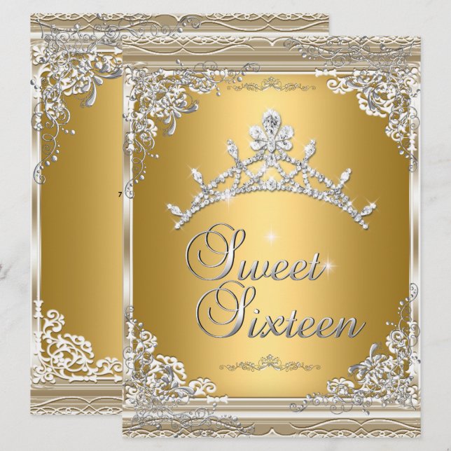 Invitación Dulces dieciséis Tiara dorada blanca plateada (Anverso / Reverso)