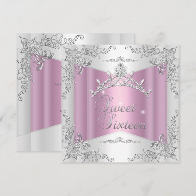 Invitación Dulces Dieciséis Tiara Rosa Blanco Plata (Anverso / Reverso)