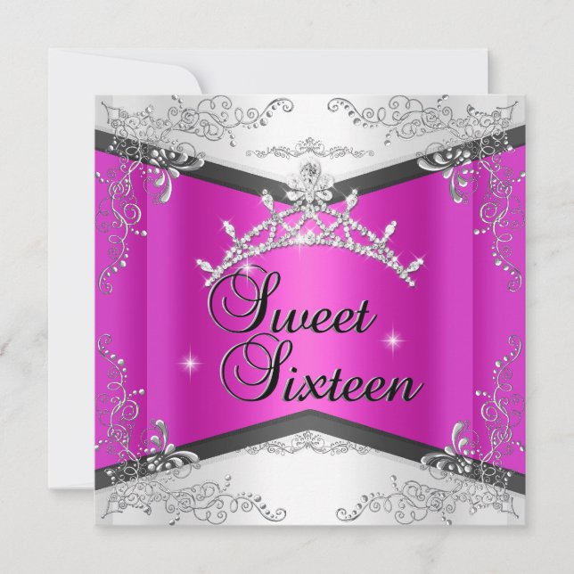 Invitación Dulces Dieciséis Tiara Rosa Caliente Blanco Negro (Anverso)