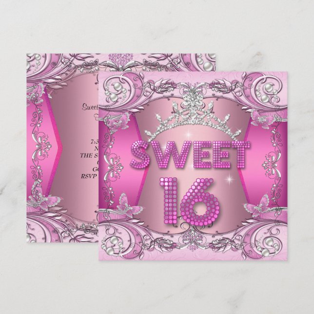 Invitación Dulces Dieciséis Tiara Rosa Plateada (Anverso / Reverso)