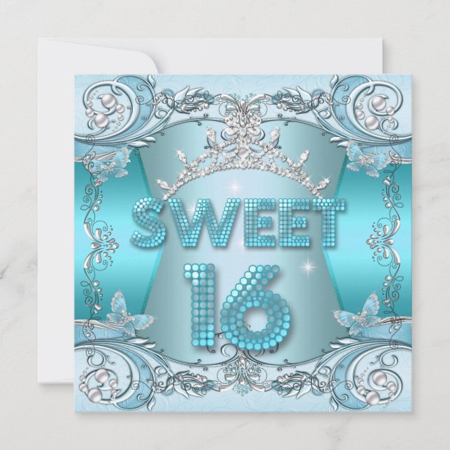 Invitación Dulces Dieciséis Tiara Teal Azul Plateado (Anverso)