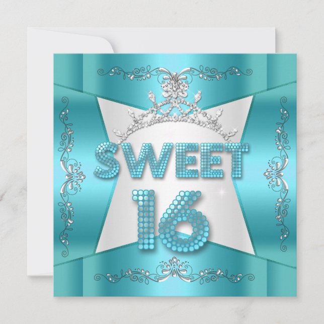 Invitación Dulces Dieciséis Tiara Teal Azul Plateado (Anverso)