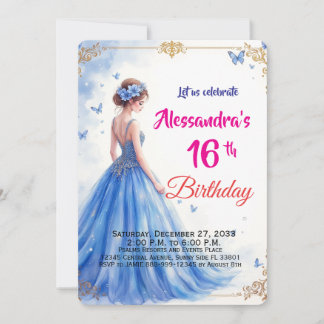 Invitación Dulces dieciséis vestido azul floral elegante cump