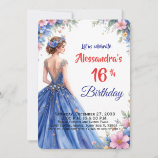 Invitación Dulces dieciséis vestido azul floral elegante cump
