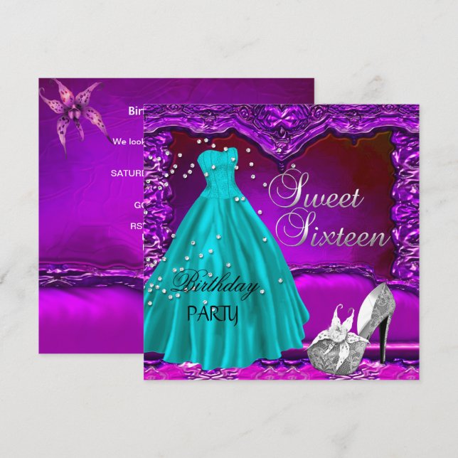Invitación Dulces dieciséis vestido de cumpleaños púrpura (Anverso / Reverso)