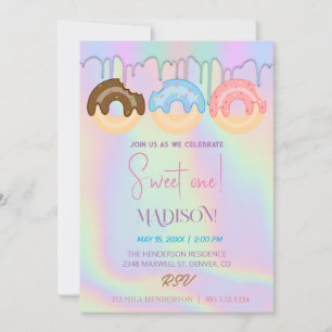 Invitación Dulces donas, colores de arcoíris, dulce primer cu
