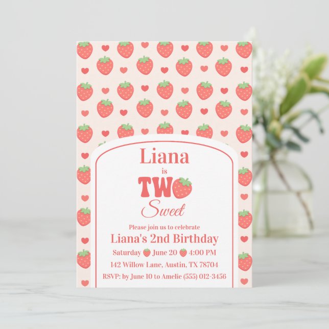 Invitación Dulces Dos Cumpleaños de Fresa para Niña 2º  (Anverso de pie)