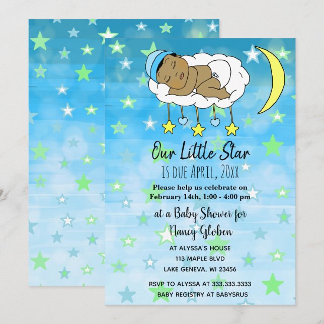 Invitación Dulces estrellas étnicas Baby Blue y lunas niños (Anverso / Reverso)