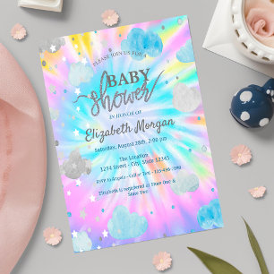 Invitación Dulces estrellas y nubes Tie Dye Baby Shower 