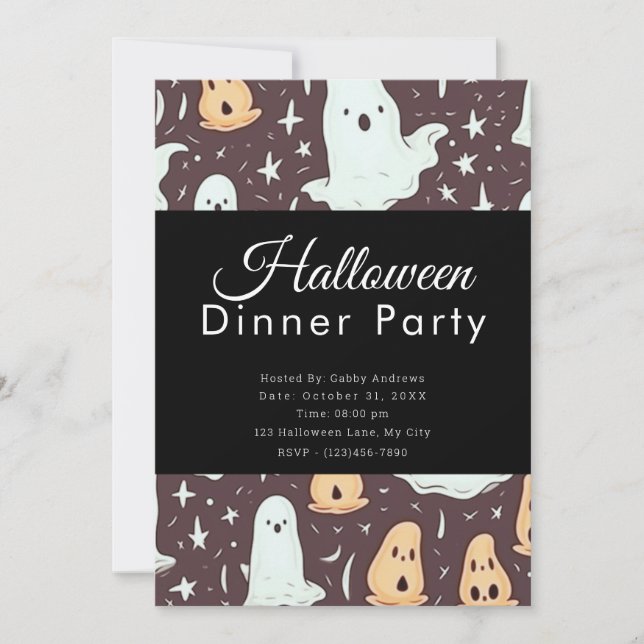 Invitación Dulces Fantasmas Fiesta de Cena de Halloween Marró (Anverso)