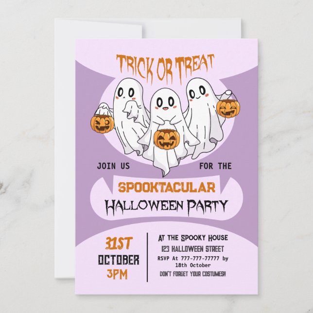 Invitación Dulces Fantasmas Truco o Trato Fiesta de Halloween (Anverso)