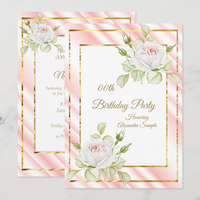 Invitación Dulces Flores Blancas Rosadas Cumpleaños de Oro Fi (Anverso / Reverso)