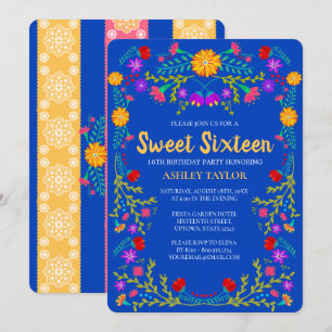 Invitación Dulces flores de fiesta azul real para Sweet 16 cu