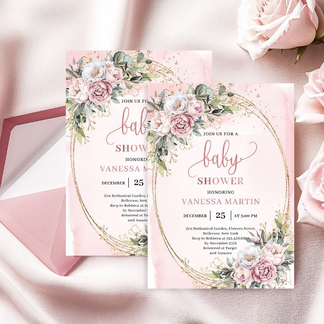 Invitación Dulces flores de oro rosa Vegetación Chica Baby Sh (Dreamy Rose Gold Flowers Greenery Girl Baby Shower)