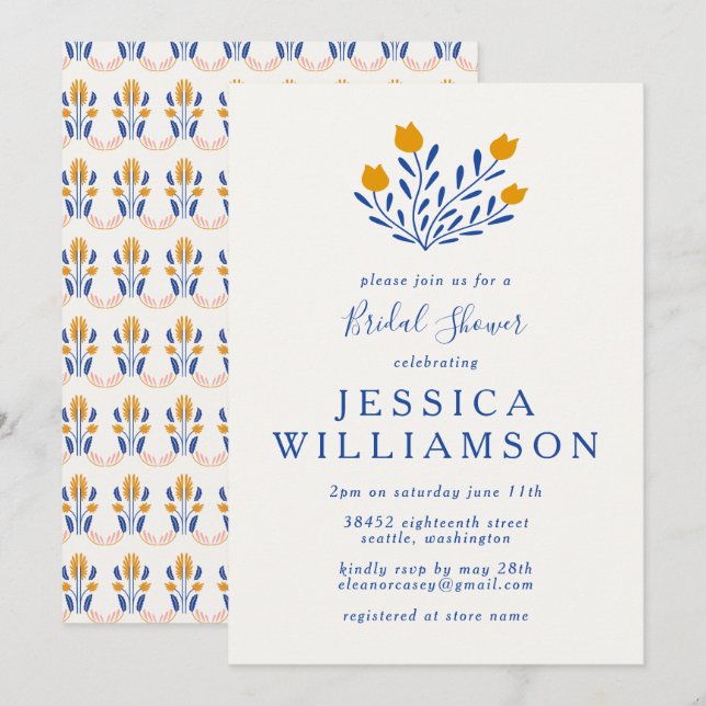 Invitación Dulces flores folk escandinavas en azul para despe (Anverso / Reverso)