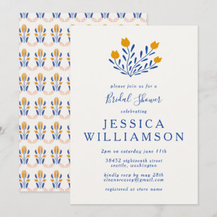 Invitación Dulces flores folk escandinavas en azul para despe
