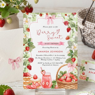 Invitación Dulces Fresas con Lazo Rosa Baby Shower