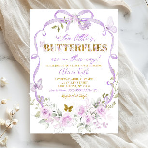 Invitación Dulces Gemelas Coquette Floral Púrpura Mariposa Ba