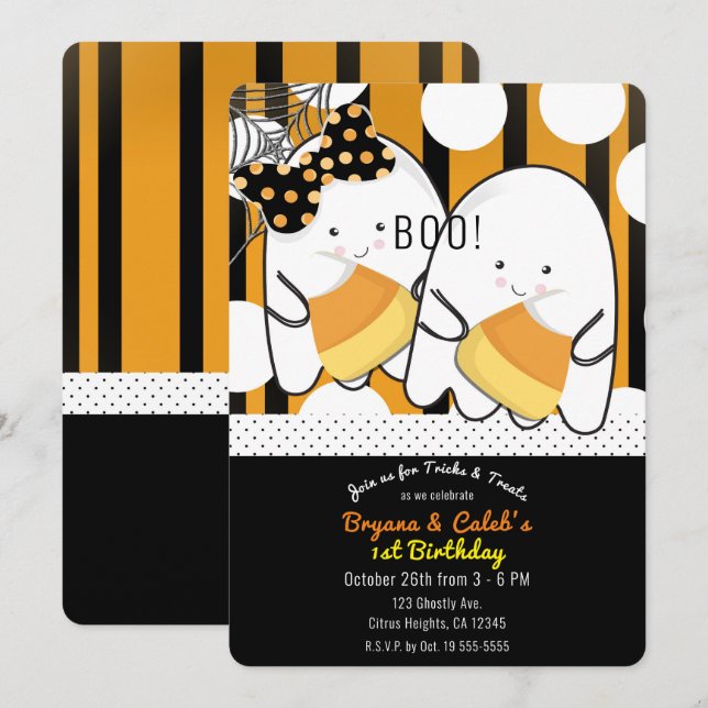 Invitación Dulces Gemelas Fantasmas Lindas Cumpleaños de Hall (Anverso / Reverso)