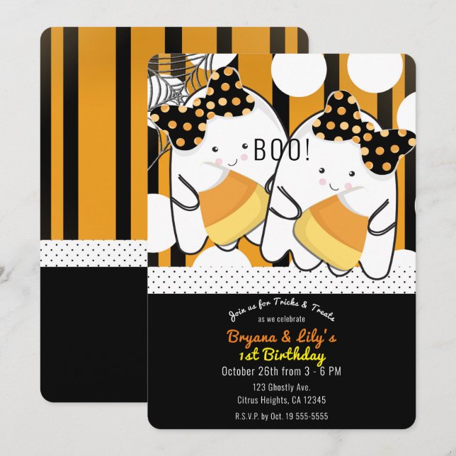 Invitación Dulces Gemelas Fantasmas Lindas Fiesta de Cumpleañ (Anverso / Reverso)