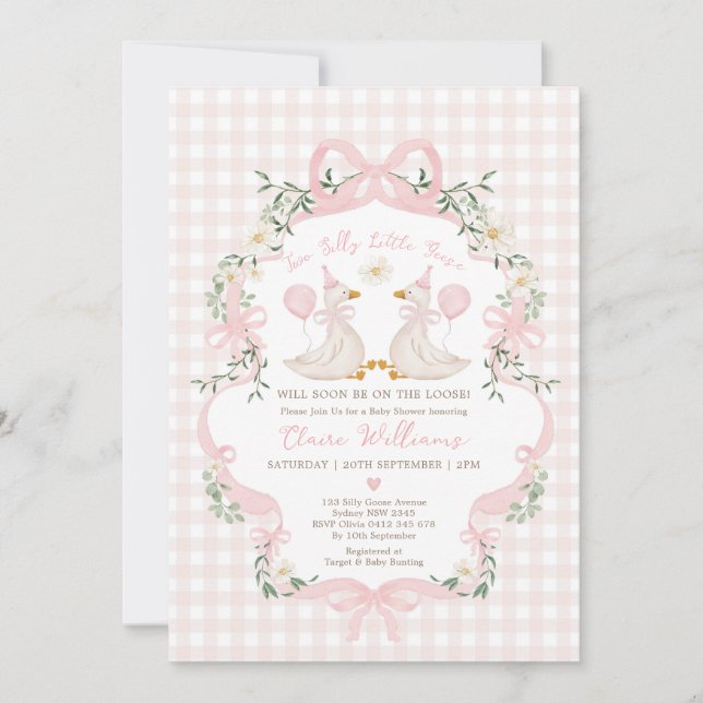 Invitación Dulces Gemelas Gansos Lazo Rosa Fiesta de Bebé (Anverso)