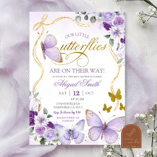 Invitación Dulces Gemelas Mariposa Morada Fiesta de Bebé
