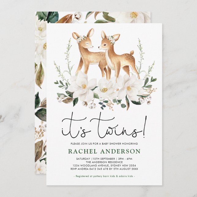 Invitación Dulces gemelos Baby Shower Floral Greeneration (Anverso / Reverso)