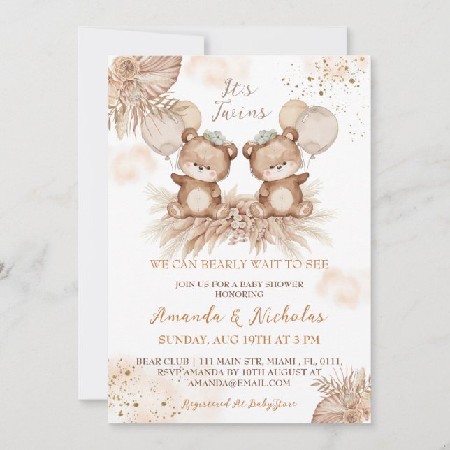 Invitación Dulces Gemelos Boho Oso Fiesta de Bebé (Anverso)