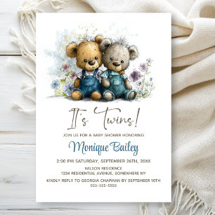 Invitación Dulces Gemelos Ositos de Peluche: Baby Shower