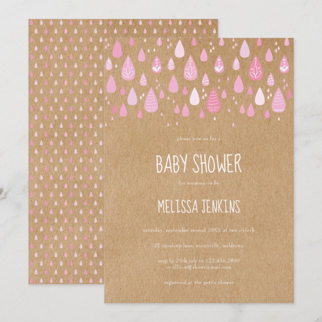 Invitación Dulces gotas de lluvia rosadas para Baby Shower /  (Anverso / Reverso)
