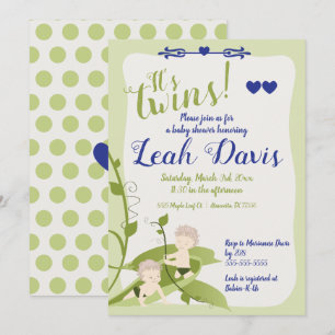 Invitación Dulces Guisantes Verde Azul, Cumpleaños de Gemelos