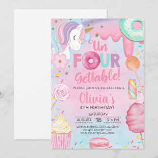 Invitación Dulces inolvidables Cumpleaños 4 niña unicornio.