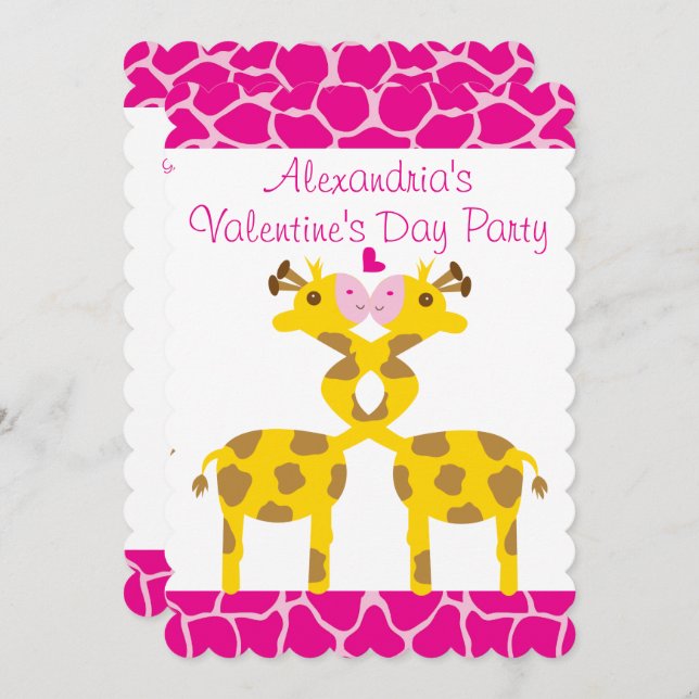 Invitación Dulces jirafas en amor niños rosados Fiesta de San (Anverso / Reverso)