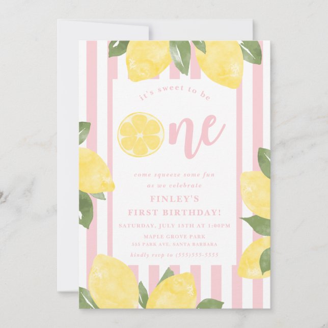Invitación Dulces Limones 1er Cumpleaños con fondo rayado (Anverso)