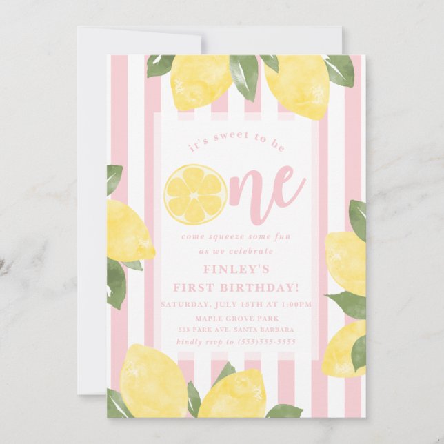 Invitación Dulces Limones 1er Cumpleaños con fondo rayado (Anverso)