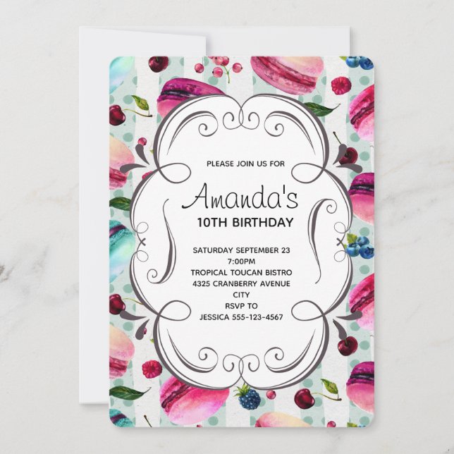Invitación Dulces Macarones Y Un Marco Decorativo Cumpleaños (Anverso)