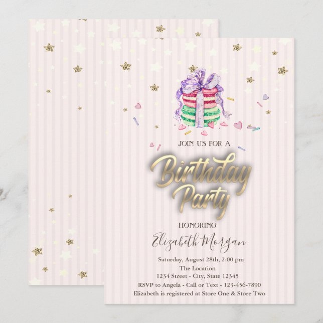 Invitación Dulces Macarons de Bebé Estrellas Fiesta de Cumple (Anverso / Reverso)