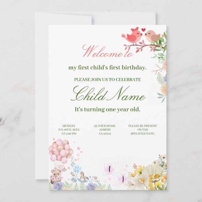 Invitación Dulces Ositos Amor Pajaritos Cumpleaños Primero Ba (Anverso)