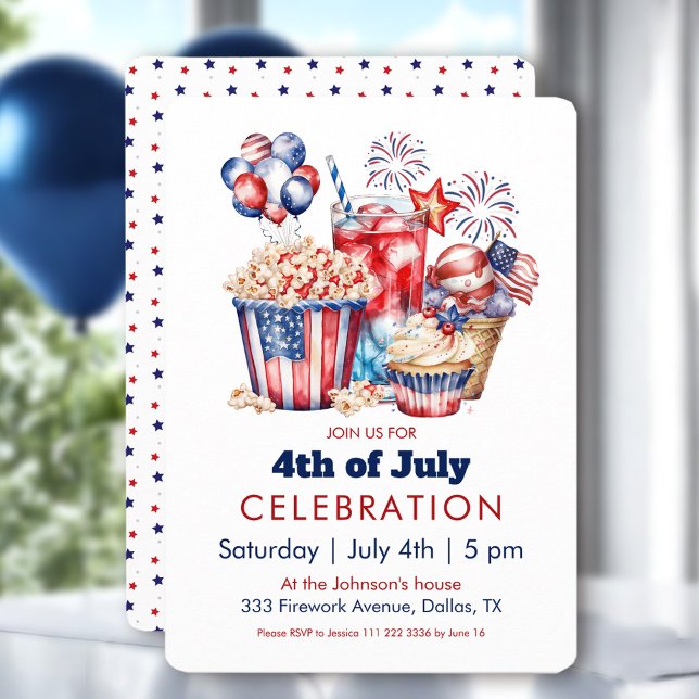 Invitación Dulces patrióticos y fuegos artificiales 4 de juli (Patriotic Sweets & Fireworks 4th of July Party Invitation)