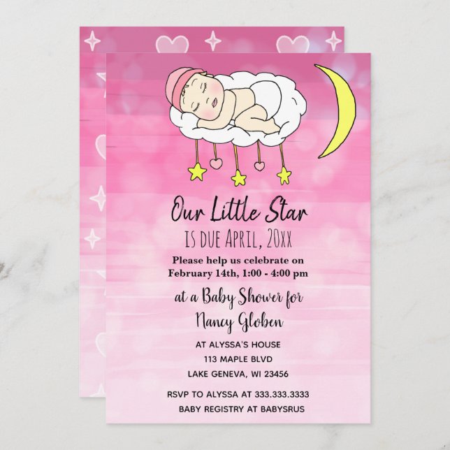 Invitación Dulces pequeñas estrellas rosadas y lunas niñas (Anverso / Reverso)