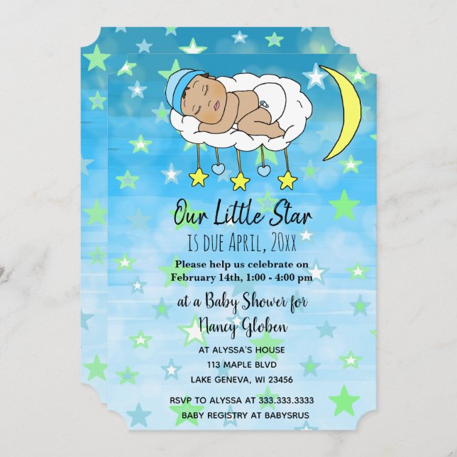 Invitación Dulces pequeñas estrellas y lunas azules de bebé h (Anverso / Reverso)