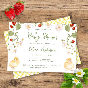 Invitación Dulces pollitos de acuarela de fresa para baby sho