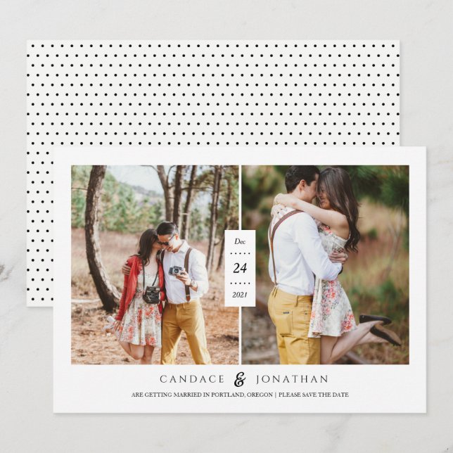 Invitación Dulces puntos blancos y negros de dos fotos Guarda (Anverso / Reverso)