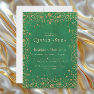 Invitación Dulces Quinceañera de oro verde esmeralda 15