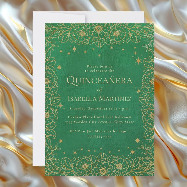Invitación Dulces Quinceañera de oro verde esmeralda 15 (Elegant emerald green and gold floral Quinceañera invitation)