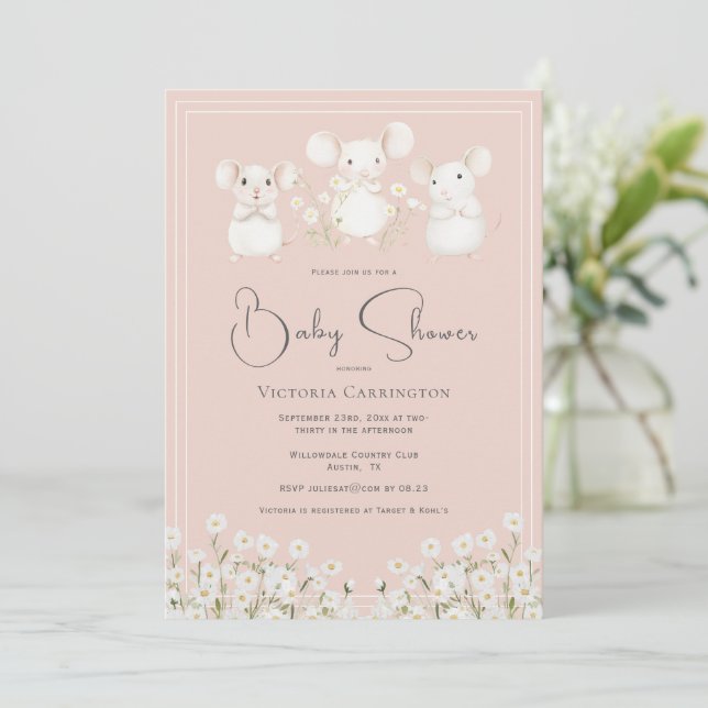 Invitación Dulces Ratones y Margaritas Ducha de Bebé Rosa (Anverso de pie)