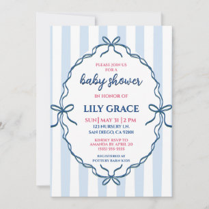 Invitación Dulces Rayas Azules y Lazos de Cinta Azul Marino B