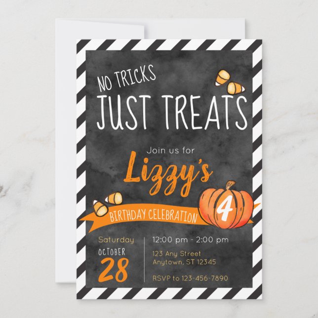 Invitación Dulces Sin Trucos Cumpleaños Halloween (Anverso)